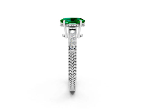 White gold Oval Cut Emerald Engagement Ring with Milgrain Channel Set Band and Prong Setting_2
