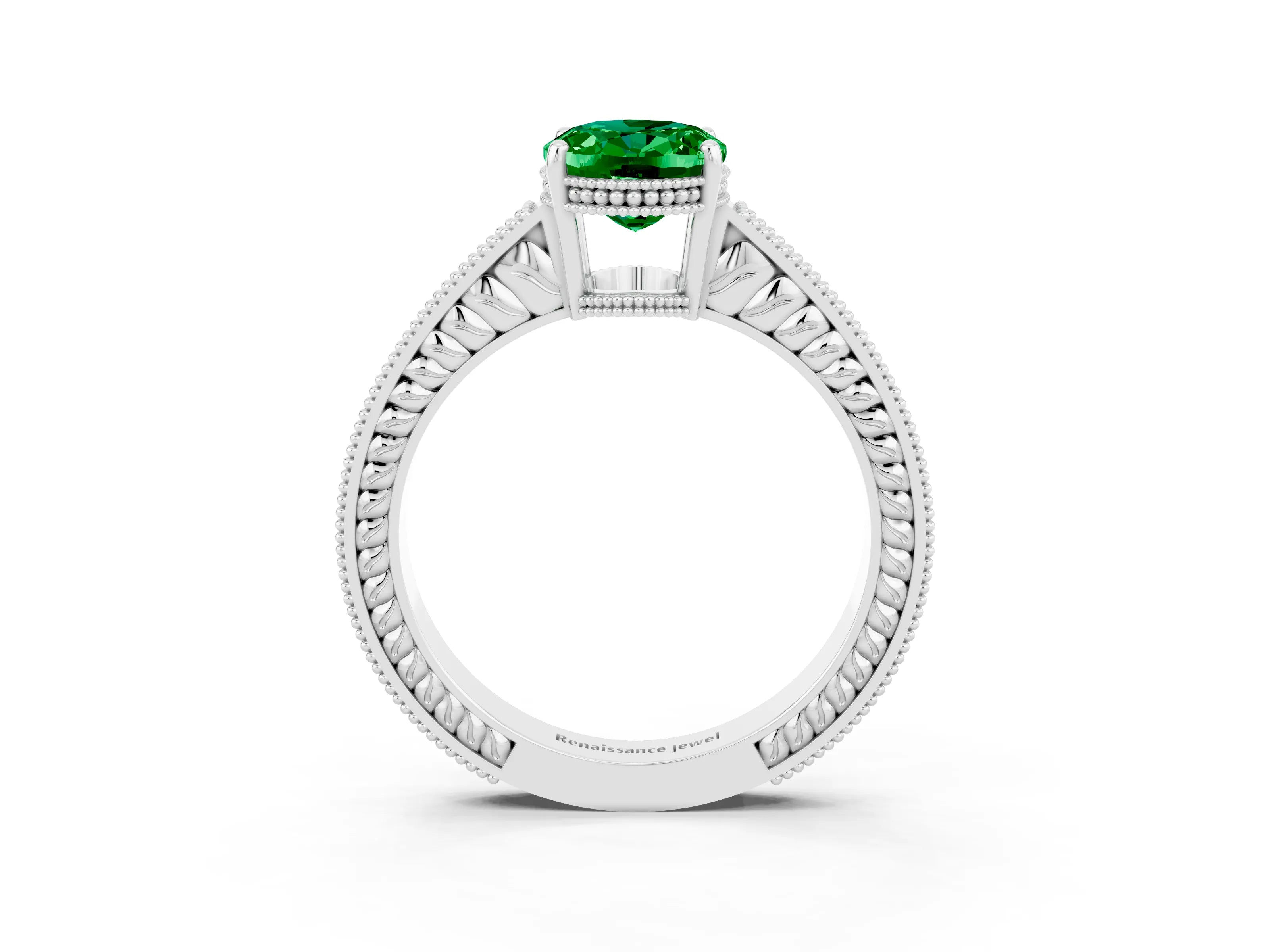 White gold Oval Cut Emerald Engagement Ring with Milgrain Channel Set Band and Prong Setting_3
