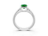 White gold Oval Cut Emerald Engagement Ring with Milgrain Channel Set Band and Prong Setting_3