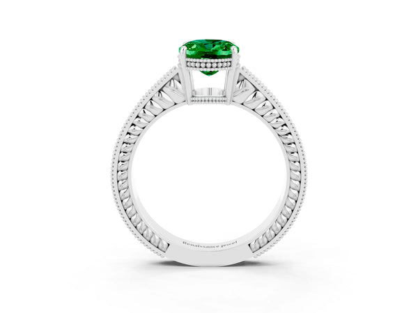 Silver Oval Cut Emerald Engagement Ring with Milgrain Channel Set Band and Prong Setting
