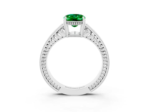 White gold Oval Cut Emerald Engagement Ring with Milgrain Channel Set Band and Prong Setting_3