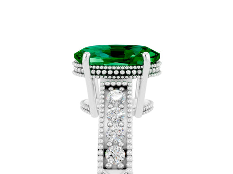 White gold Oval Cut Emerald Engagement Ring with Milgrain Channel Set Band and Prong Setting_5