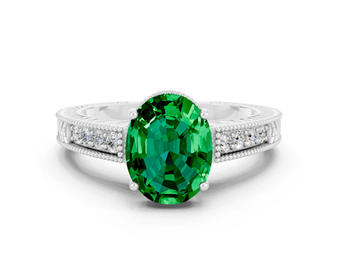 White gold Oval Cut Emerald Engagement Ring with Milgrain Channel Set Band and Prong Setting