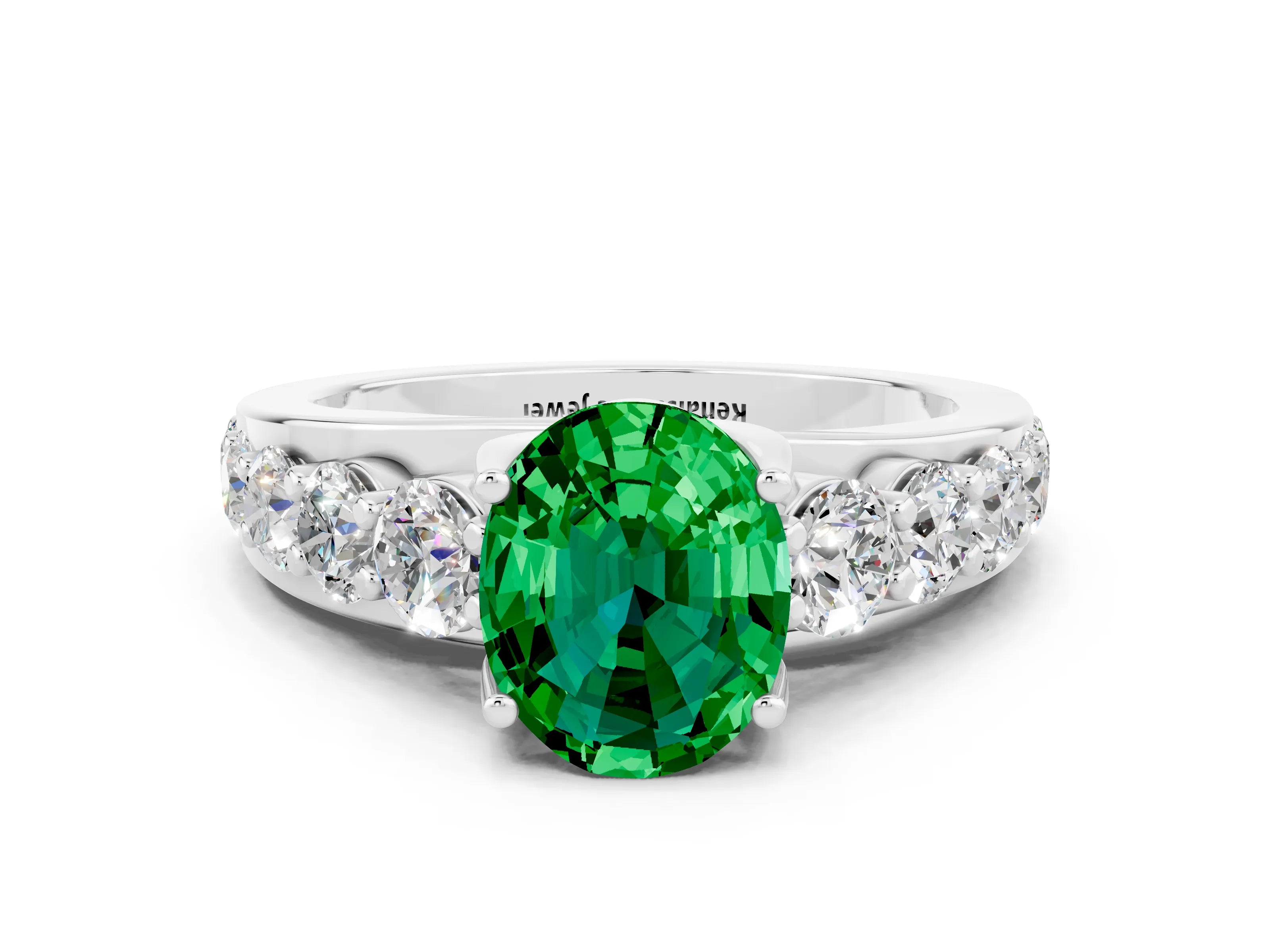 White gold Oval Cut Emerald Engagement Ring with Pavé Band and Four-Prong Setting