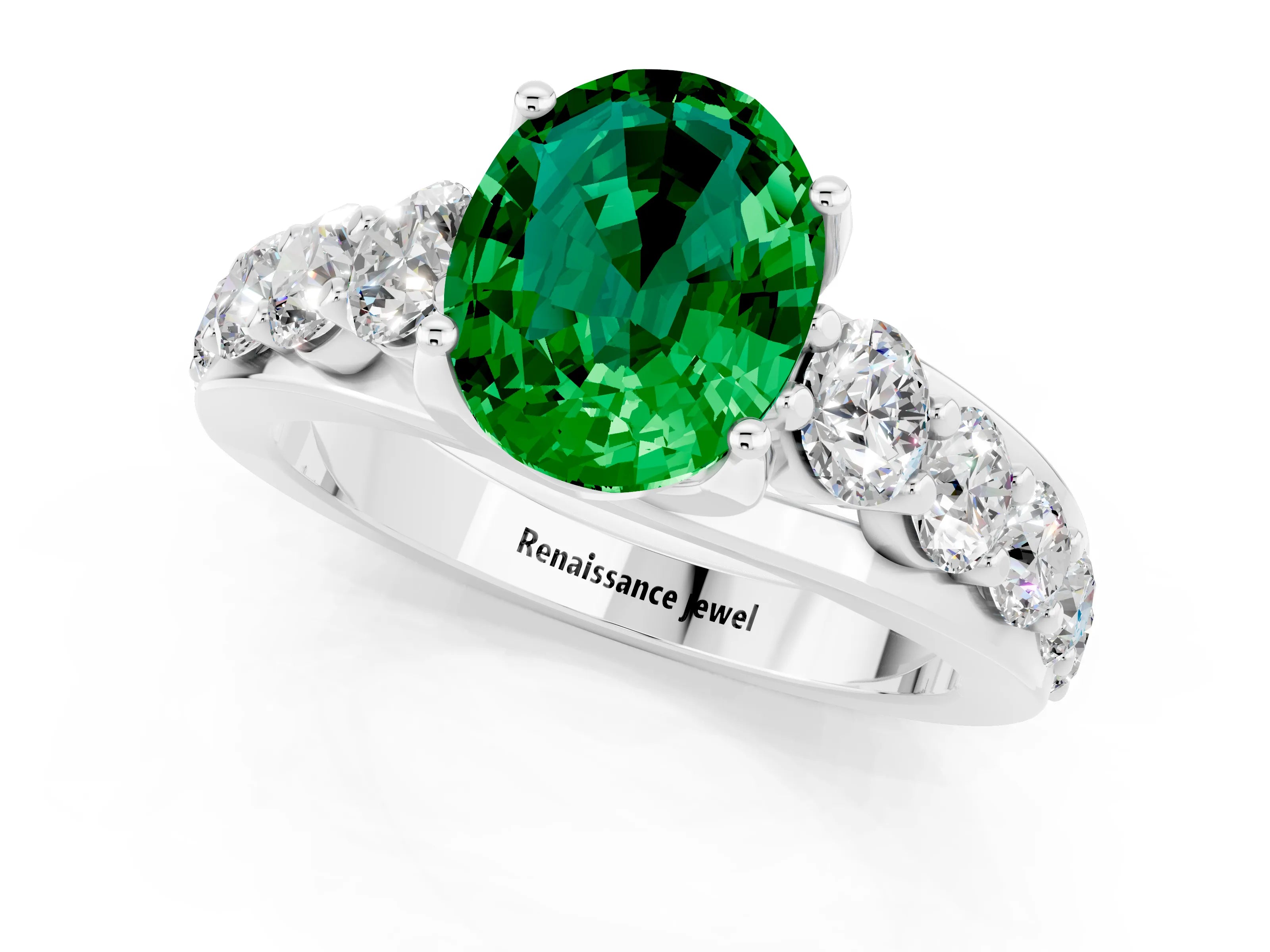White gold Oval Cut Emerald Engagement Ring with Pavé Band and Four-Prong Setting_1