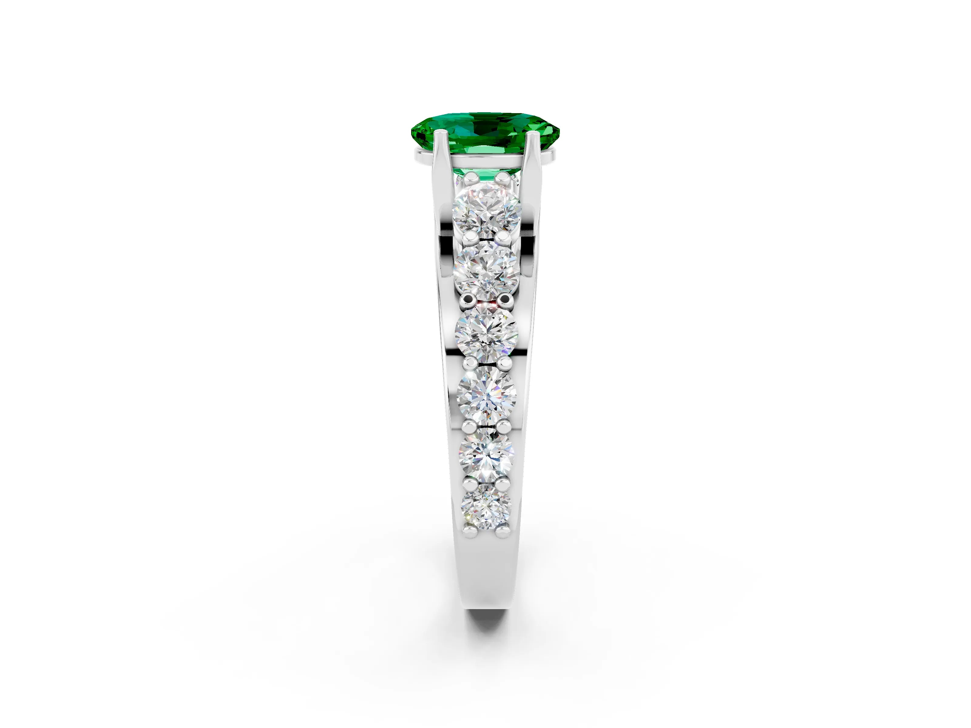 White gold Oval Cut Emerald Engagement Ring with Pavé Band and Four-Prong Setting_2