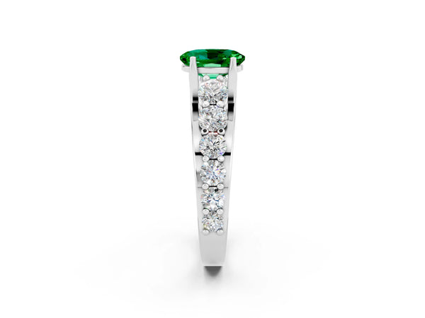 White gold Oval Cut Emerald Engagement Ring with Pavé Band and Four-Prong Setting