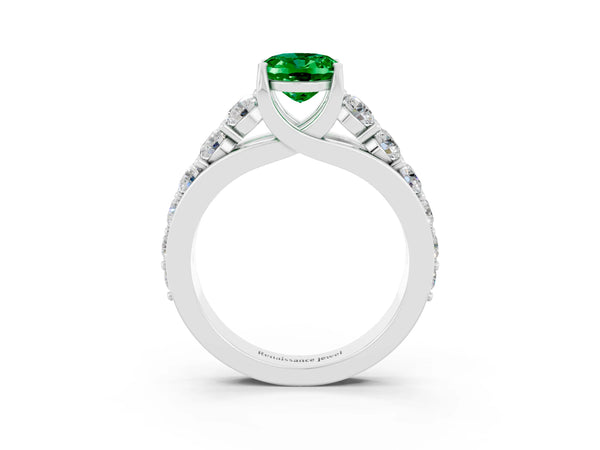 Platinum Oval Cut Emerald Engagement Ring with Pavé Band and Four-Prong Setting