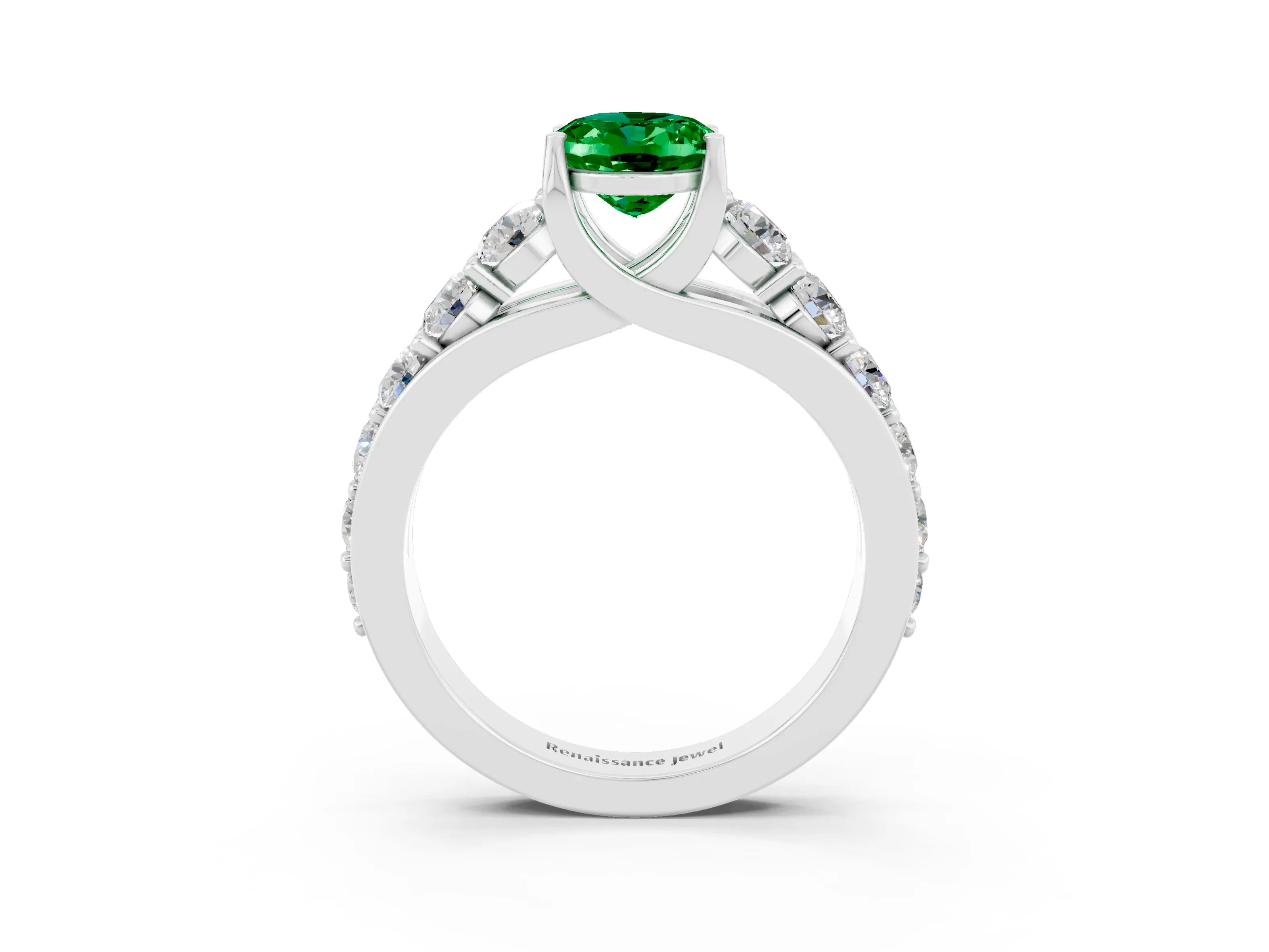 White gold Oval Cut Emerald Engagement Ring with Pavé Band and Four-Prong Setting_3