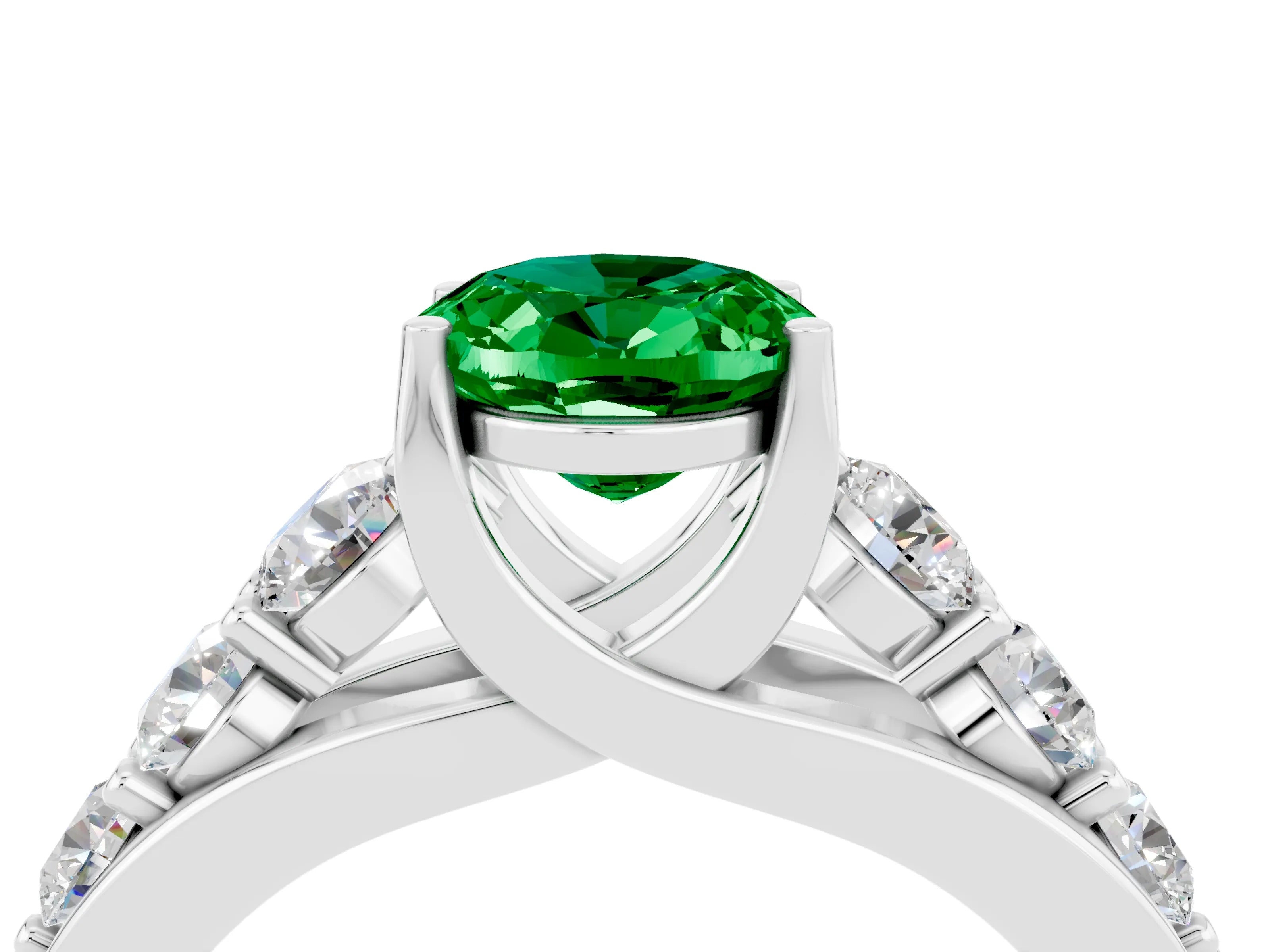 White gold Oval Cut Emerald Engagement Ring with Pavé Band and Four-Prong Setting_4