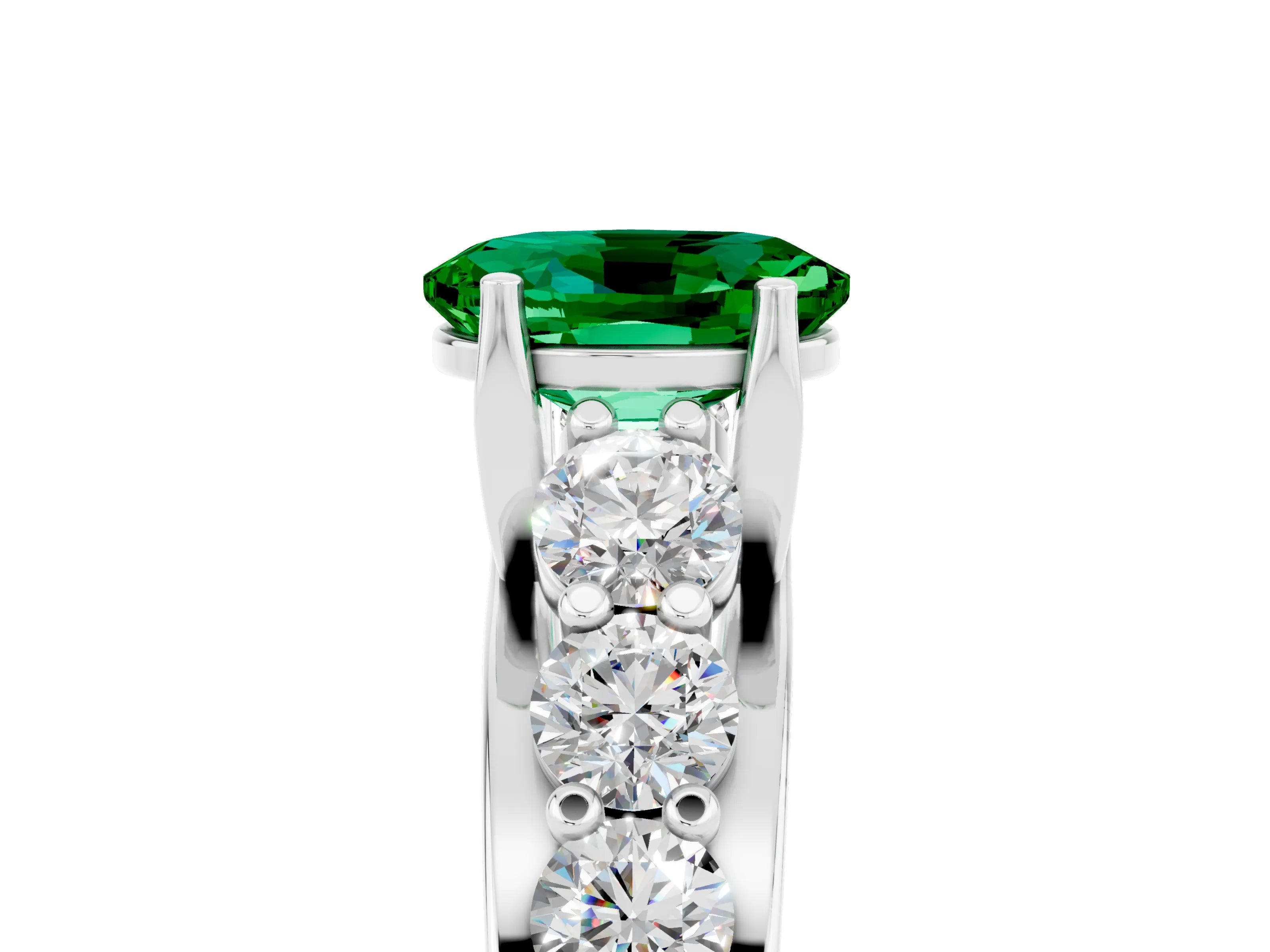 White gold Oval Cut Emerald Engagement Ring with Pavé Band and Four-Prong Setting_5