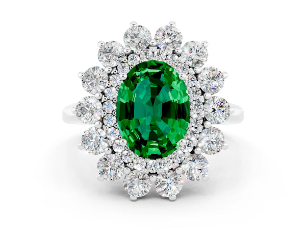 White gold Oval Cut Emerald Floral Double Halo Engagement Ring with Prong Setting