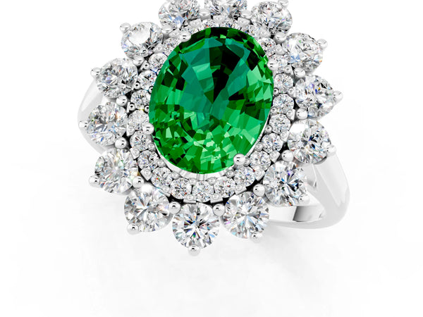 White gold Oval Cut Emerald Floral Double Halo Engagement Ring with Prong Setting
