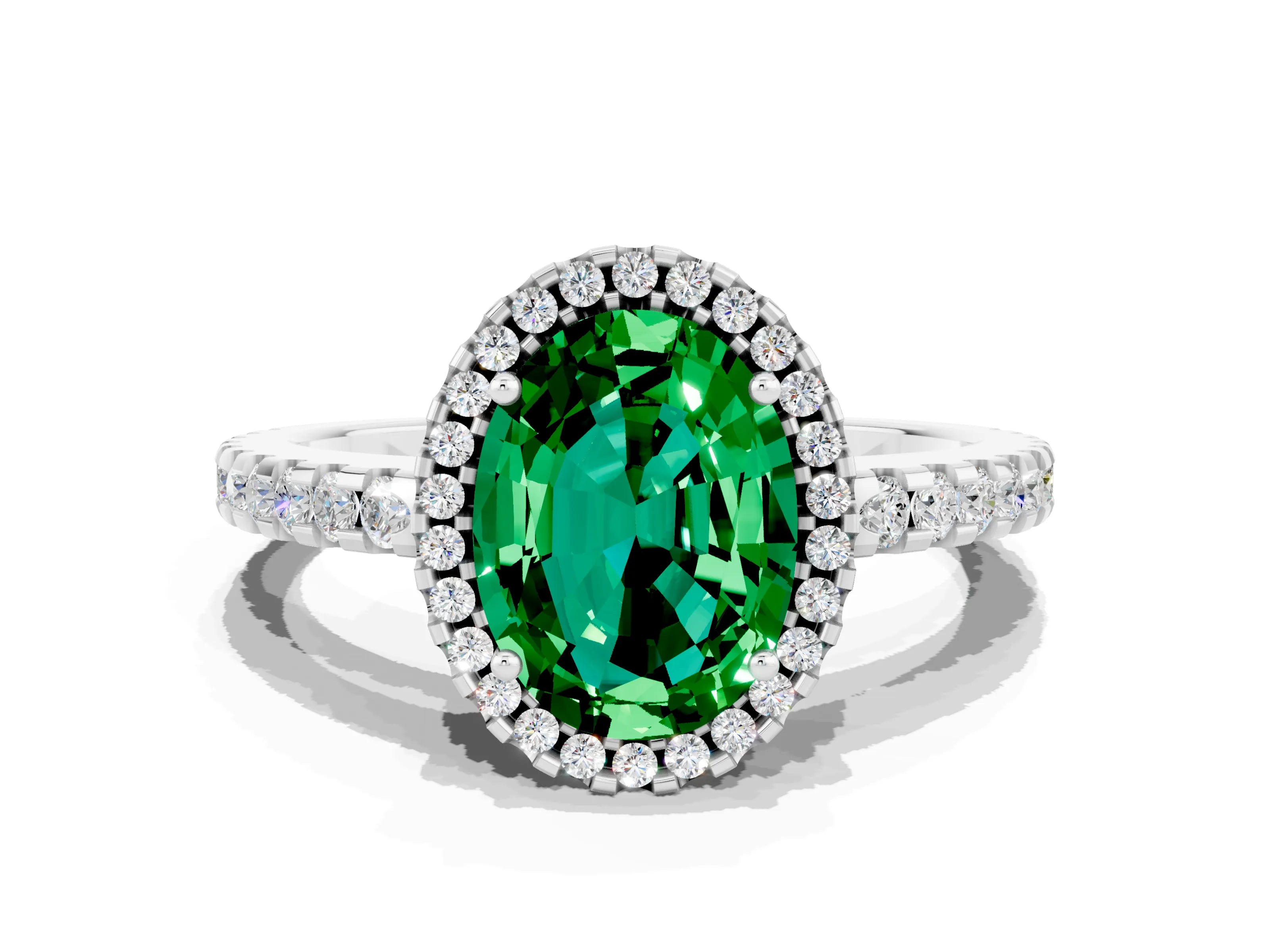 White gold Oval Cut Emerald Halo Engagement Ring with Pavé Band and Prong Setting_12