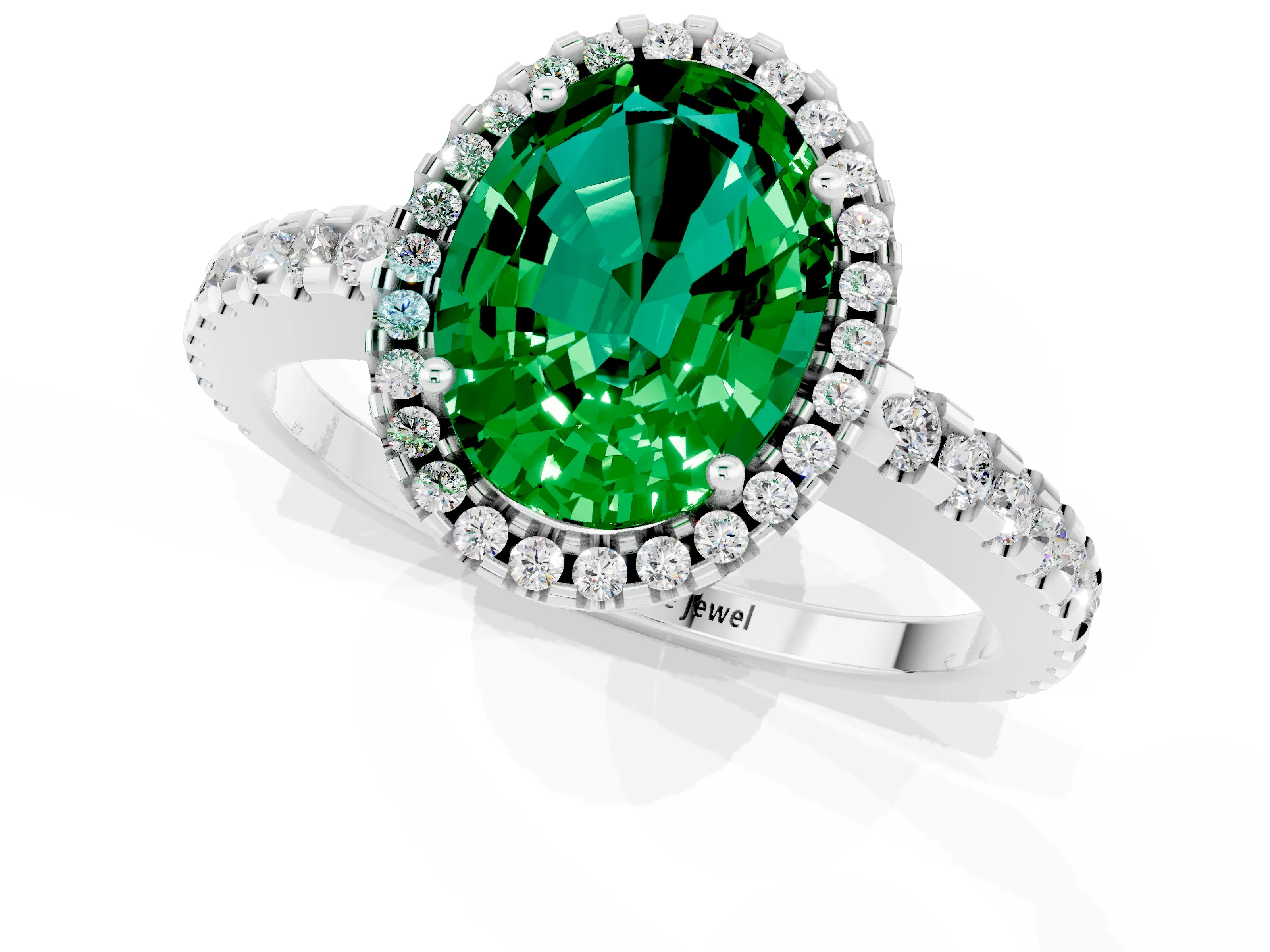 White gold Oval Cut Emerald Halo Engagement Ring with Pavé Band and Prong Setting_13