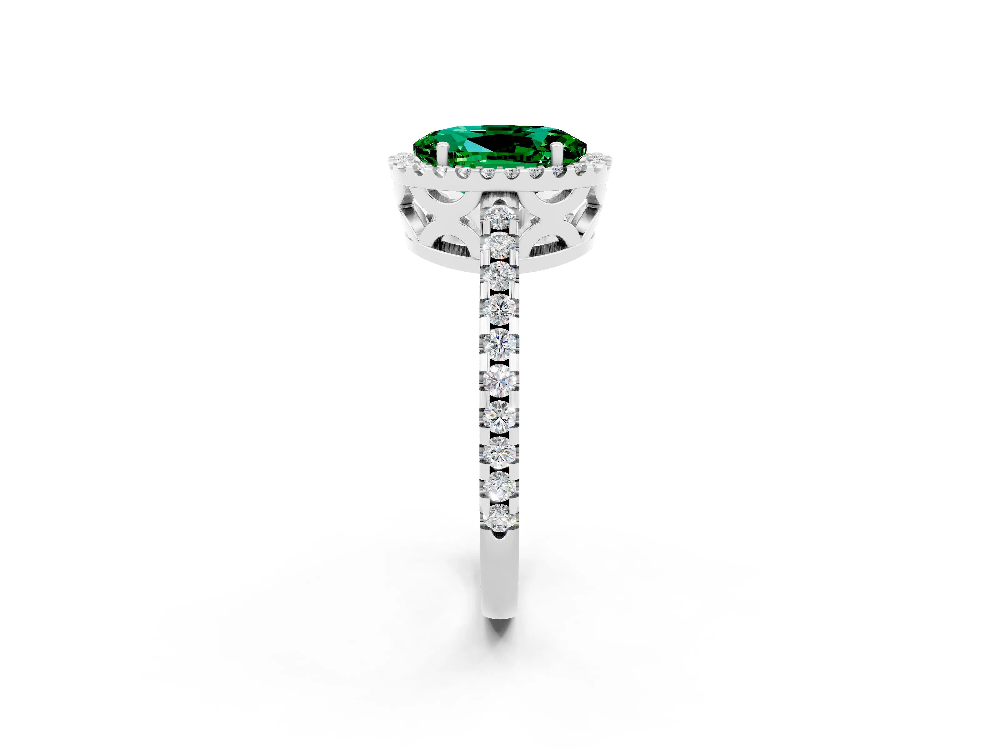 White gold Oval Cut Emerald Halo Engagement Ring with Pavé Band and Prong Setting_14