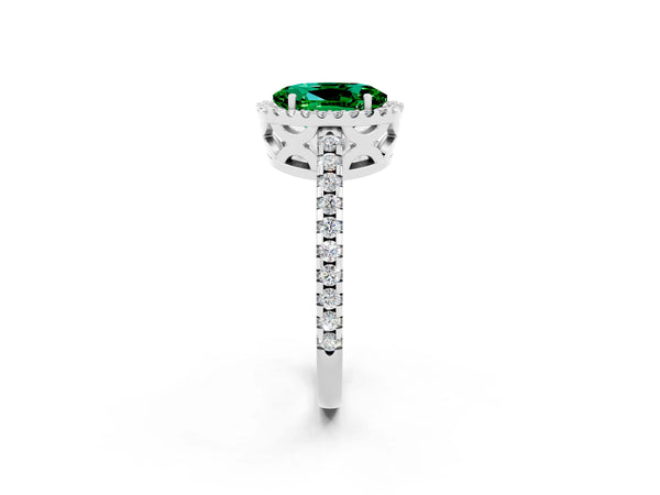 White gold Oval Cut Emerald Halo Engagement Ring with Pavé Band and Prong Setting