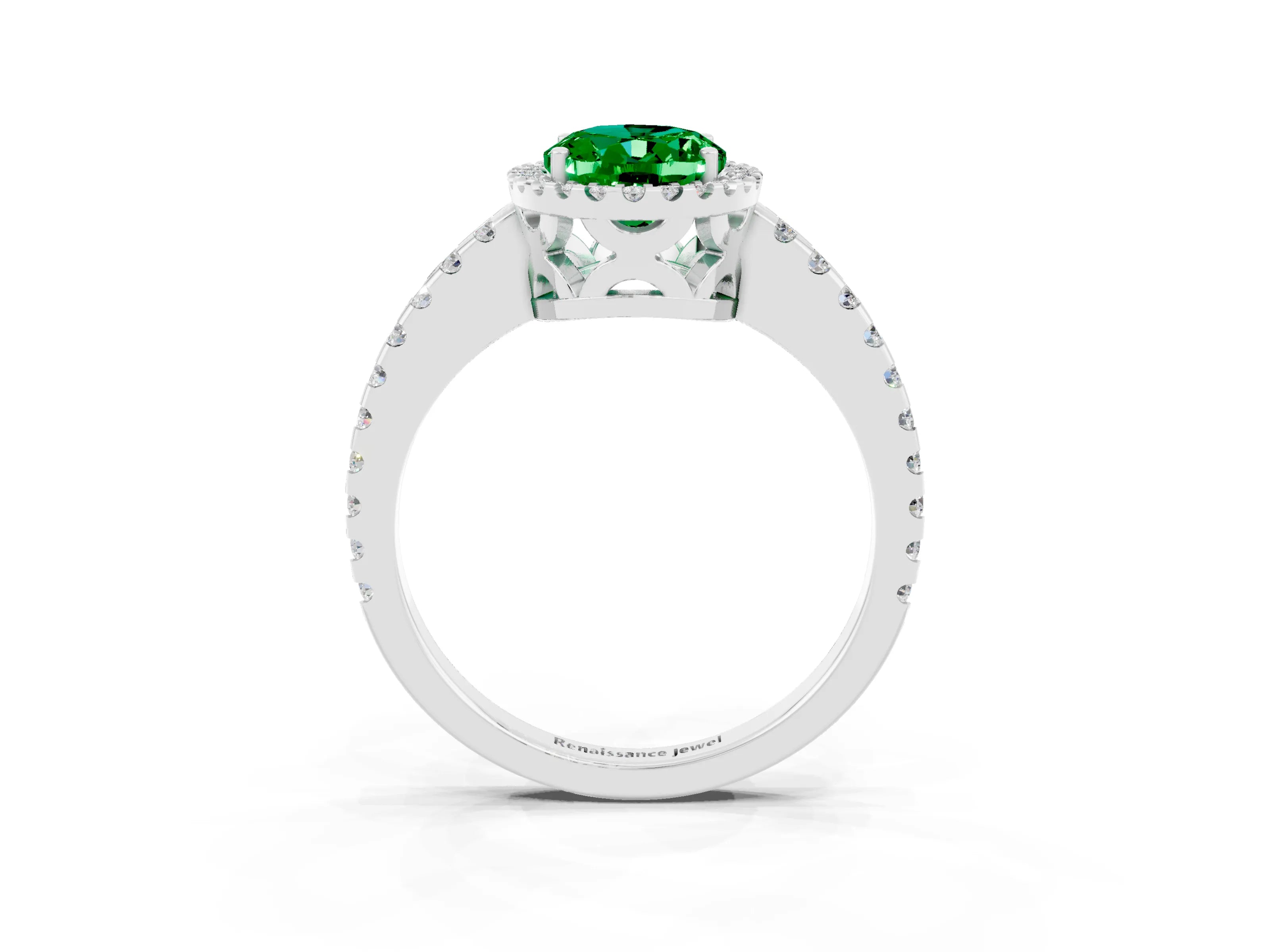 White gold Oval Cut Emerald Halo Engagement Ring with Pavé Band and Prong Setting_15