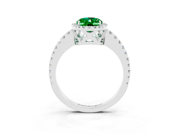 Platinum Oval Cut Emerald Halo Engagement Ring with Pavé Band and Prong Setting