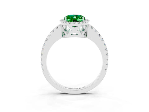 White gold Oval Cut Emerald Halo Engagement Ring with Pavé Band and Prong Setting_15