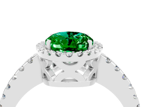 White gold Oval Cut Emerald Halo Engagement Ring with Pavé Band and Prong Setting_16