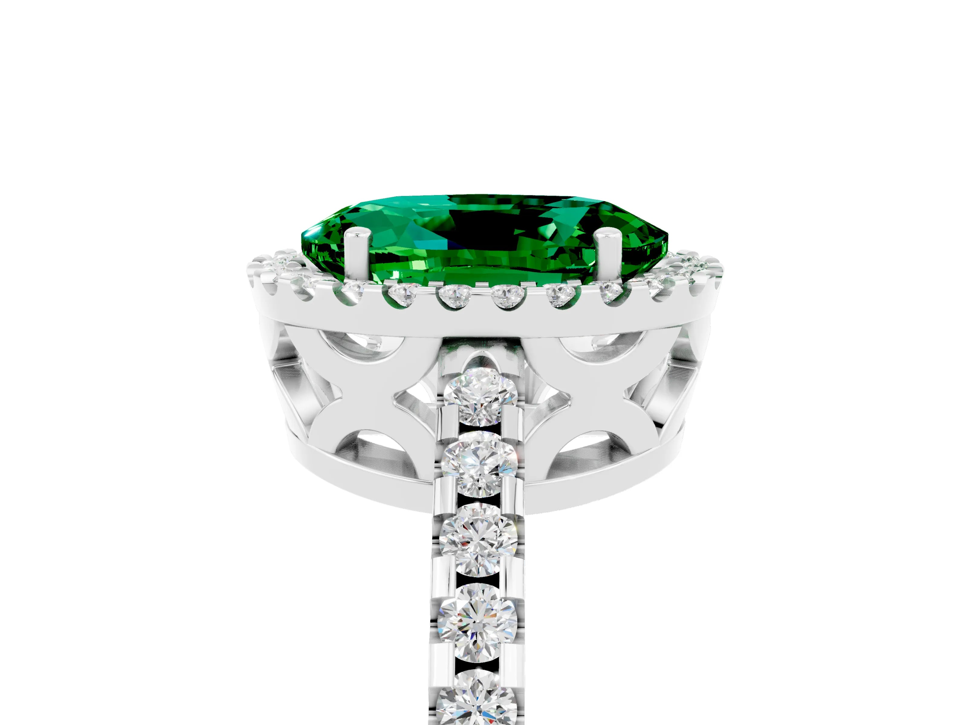 White gold Oval Cut Emerald Halo Engagement Ring with Pavé Band and Prong Setting_17