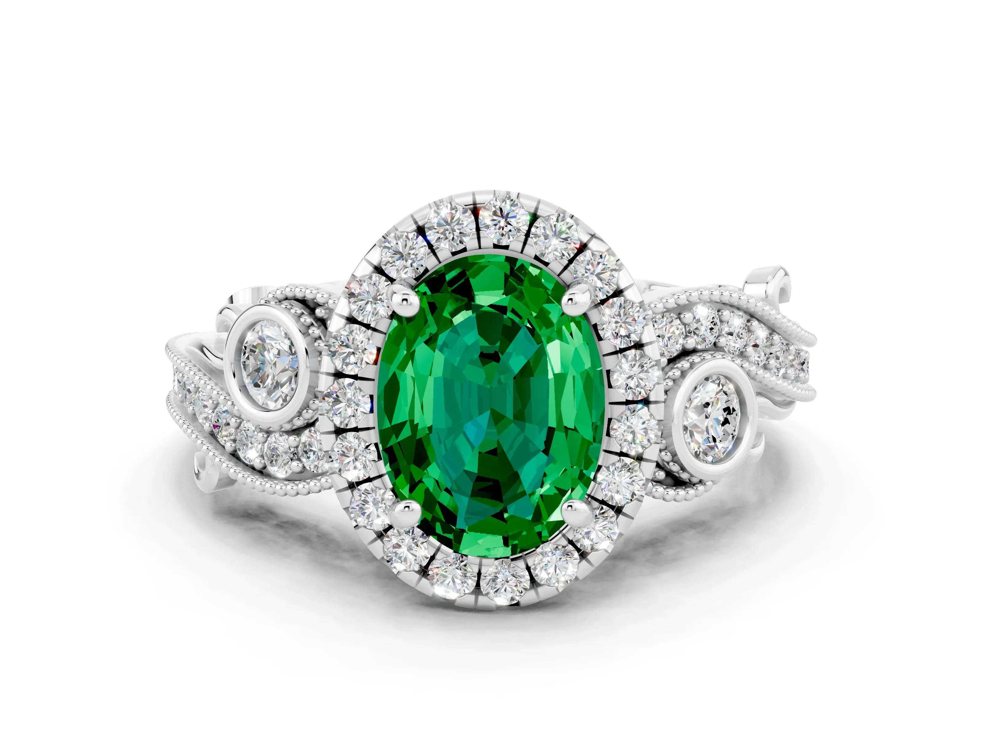 White gold Oval Cut Emerald Halo Ring with Milgrain Pavé Band and Four-Prong Setting_24