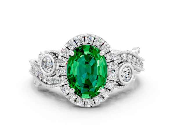 Platinum Oval Cut Emerald Halo Ring with Milgrain Pavé Band and Four-Prong Setting