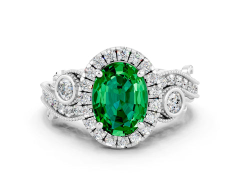 White gold Oval Cut Emerald Halo Ring with Milgrain Pavé Band and Four-Prong Setting_24