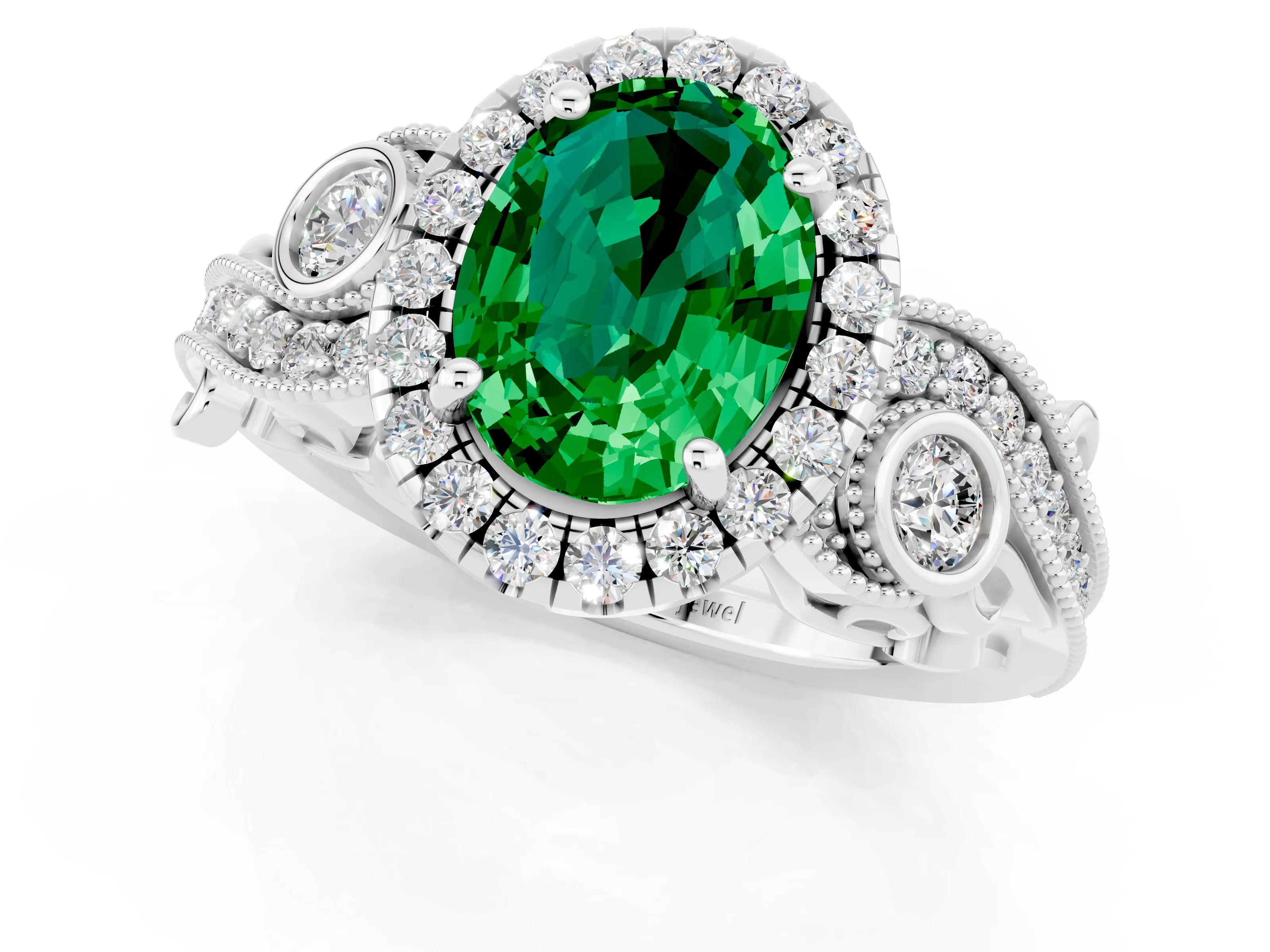 White gold Oval Cut Emerald Halo Ring with Milgrain Pavé Band and Four-Prong Setting_25