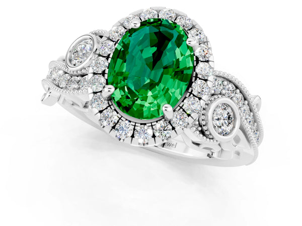 White gold Oval Cut Emerald Halo Ring with Milgrain Pavé Band and Four-Prong Setting
