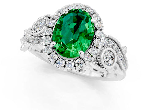 White gold Oval Cut Emerald Halo Ring with Milgrain Pavé Band and Four-Prong Setting_25