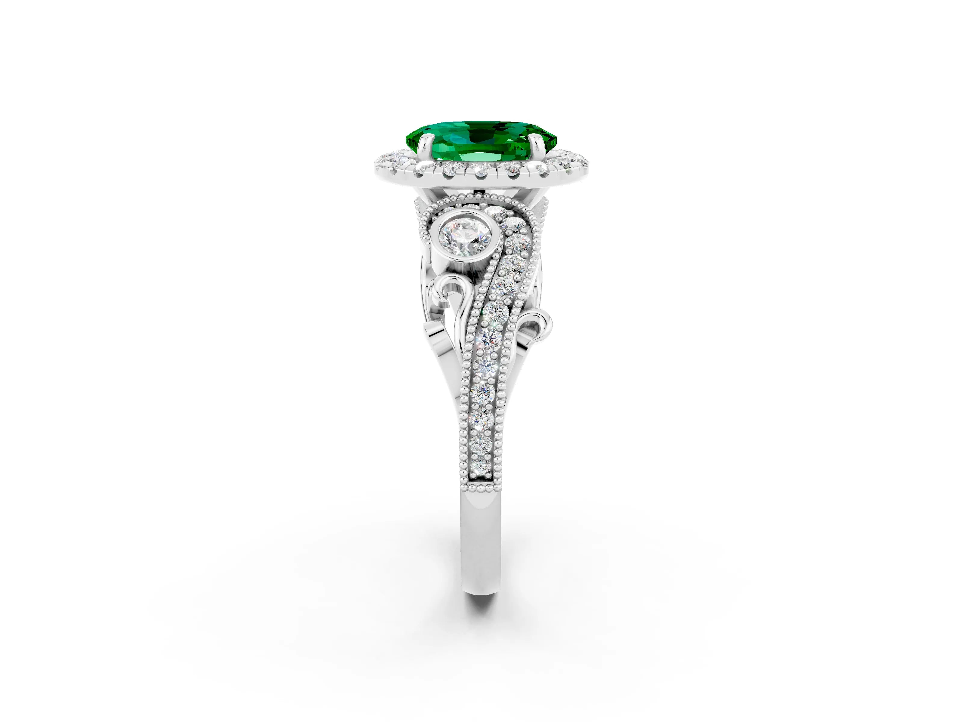 White gold Oval Cut Emerald Halo Ring with Milgrain Pavé Band and Four-Prong Setting_26