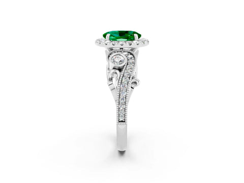 White gold Oval Cut Emerald Halo Ring with Milgrain Pavé Band and Four-Prong Setting_26