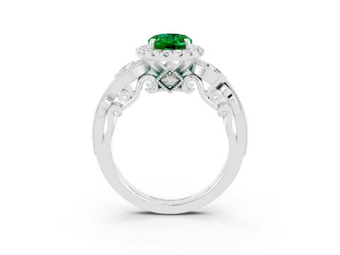 White gold Oval Cut Emerald Halo Ring with Milgrain Pavé Band and Four-Prong Setting_27