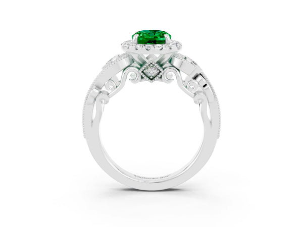 Silver Oval Cut Emerald Halo Ring with Milgrain Pavé Band and Four-Prong Setting