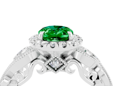 White gold Oval Cut Emerald Halo Ring with Milgrain Pavé Band and Four-Prong Setting_28