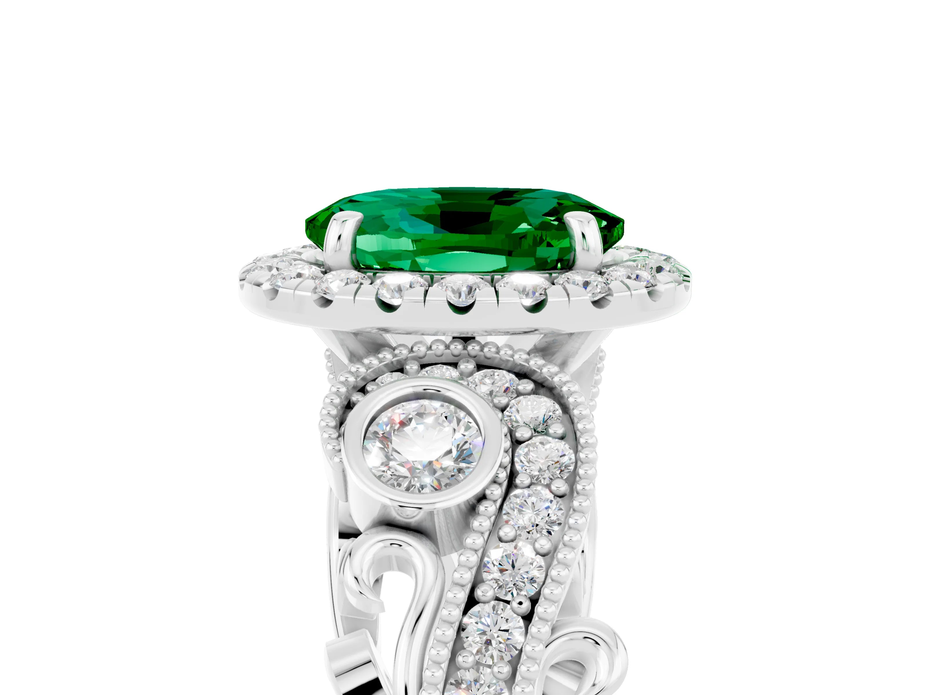 White gold Oval Cut Emerald Halo Ring with Milgrain Pavé Band and Four-Prong Setting_29