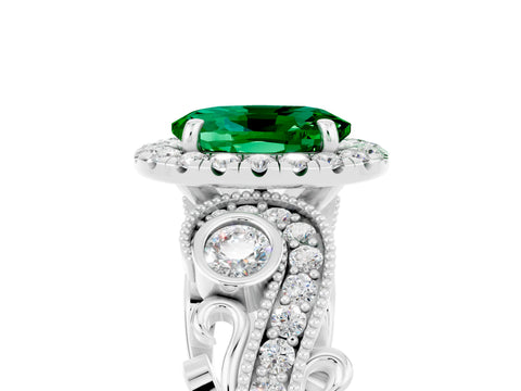 White gold Oval Cut Emerald Halo Ring with Milgrain Pavé Band and Four-Prong Setting_29