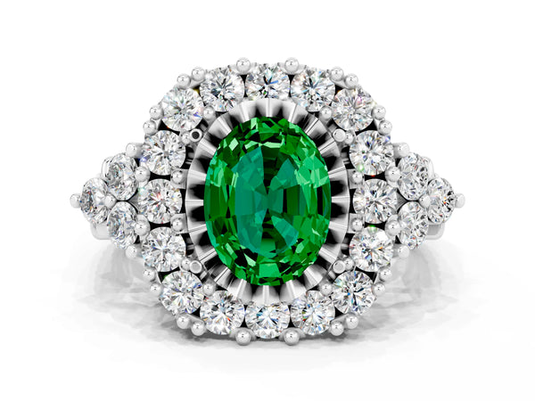 Silver Oval Cut Emerald Halo Ring with Pavé Band and Four-Prong Setting