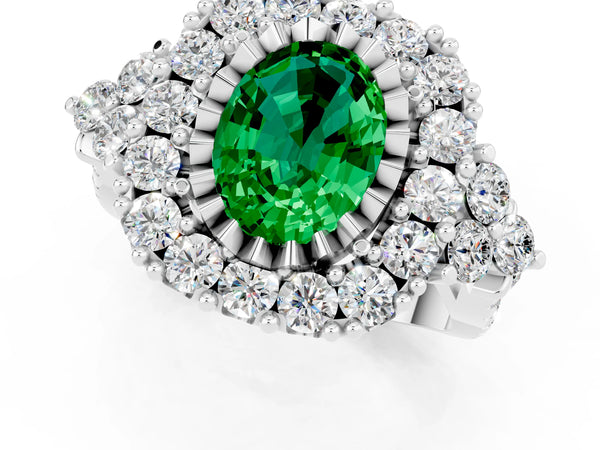 Platinum Oval Cut Emerald Halo Ring with Pavé Band and Four-Prong Setting