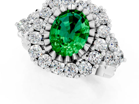 White gold Oval Cut Emerald Halo Ring with Pavé Band and Four-Prong Setting_13