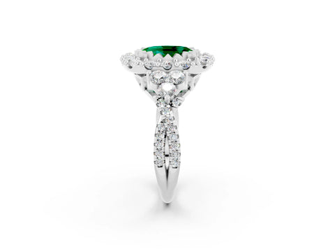White gold Oval Cut Emerald Halo Ring with Pavé Band and Four-Prong Setting_14