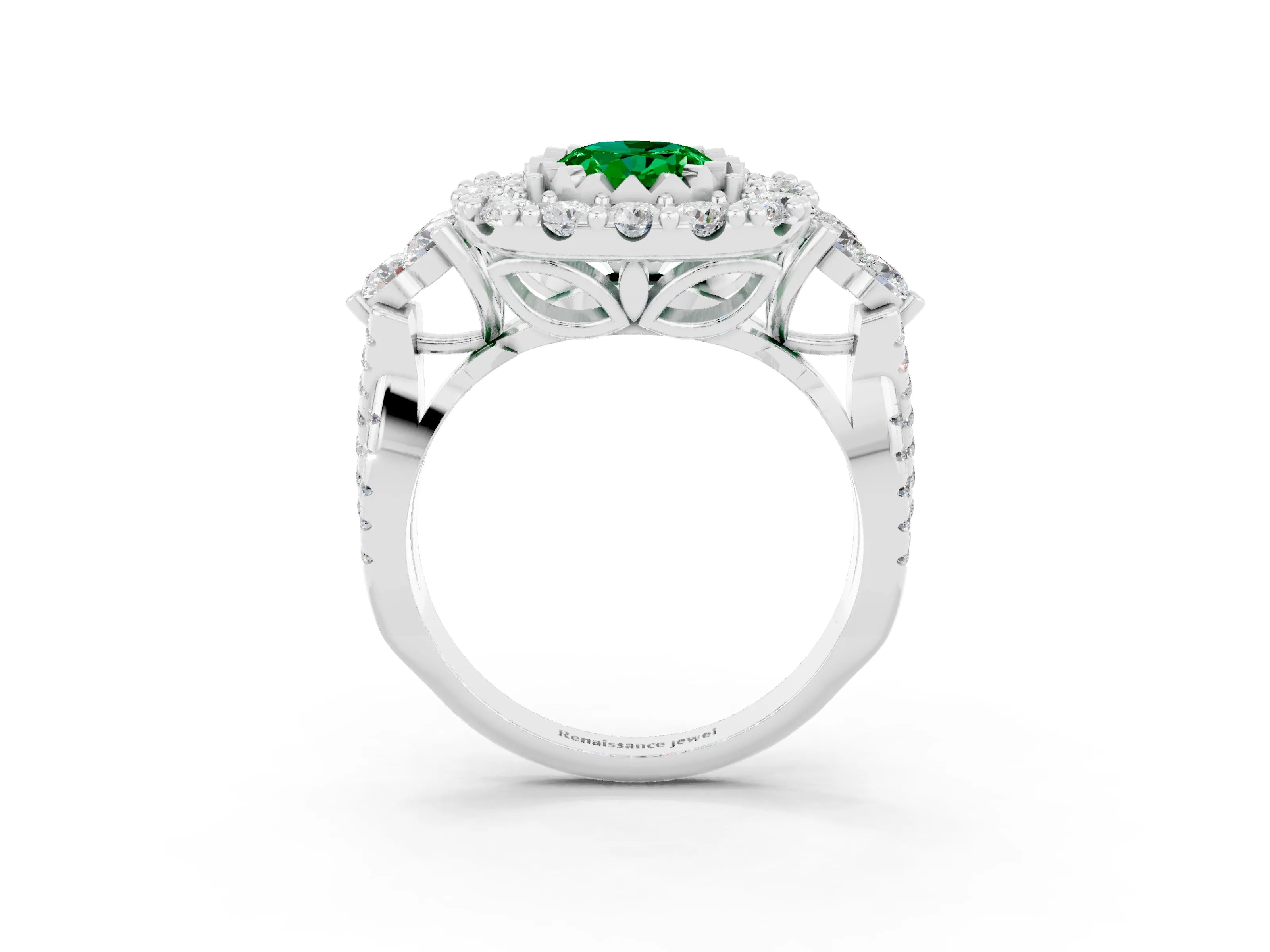 White gold Oval Cut Emerald Halo Ring with Pavé Band and Four-Prong Setting_15