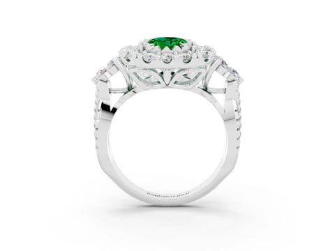 White gold Oval Cut Emerald Halo Ring with Pavé Band and Four-Prong Setting_15