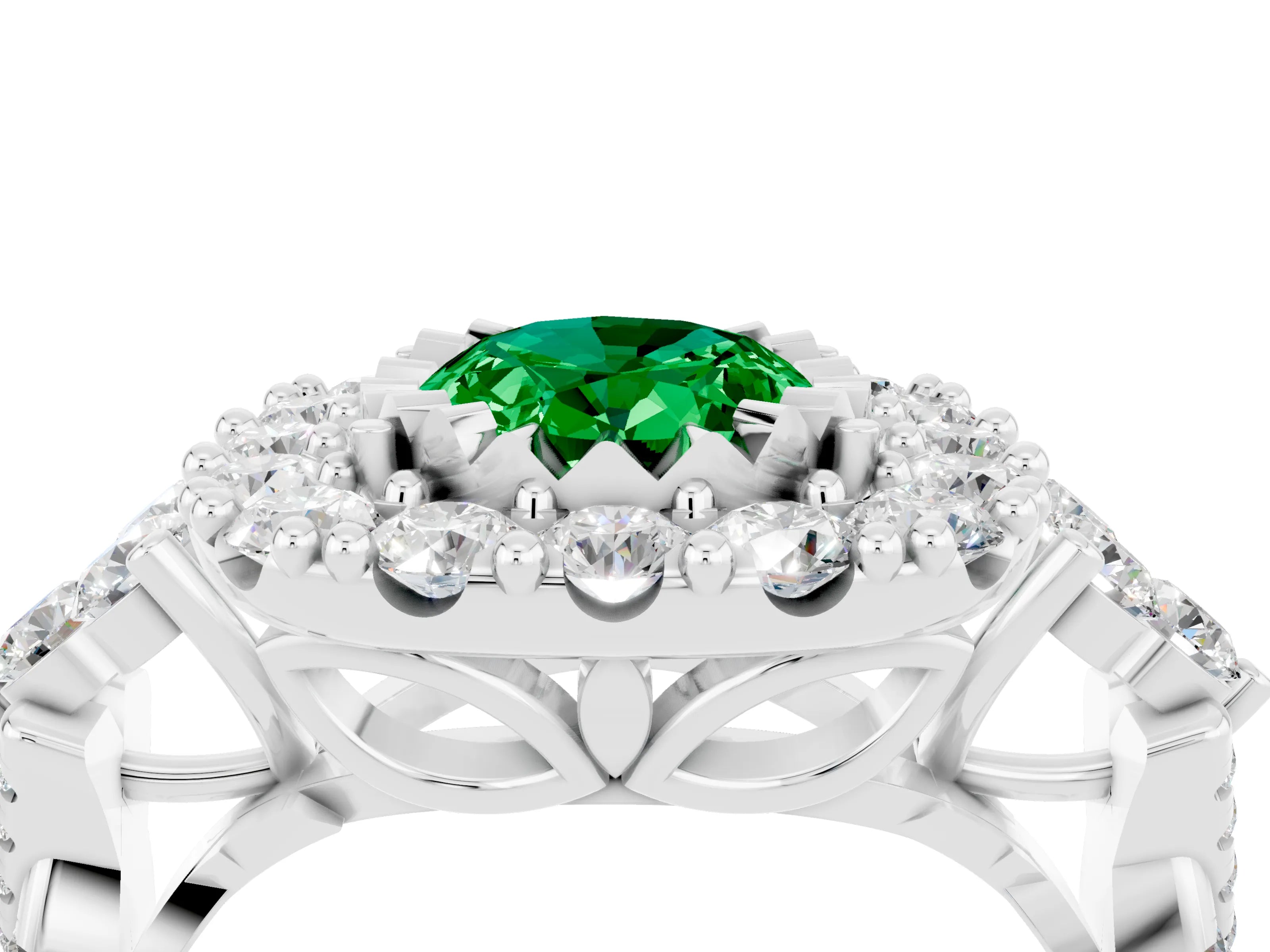 White gold Oval Cut Emerald Halo Ring with Pavé Band and Four-Prong Setting_16