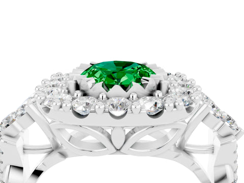 White gold Oval Cut Emerald Halo Ring with Pavé Band and Four-Prong Setting_16