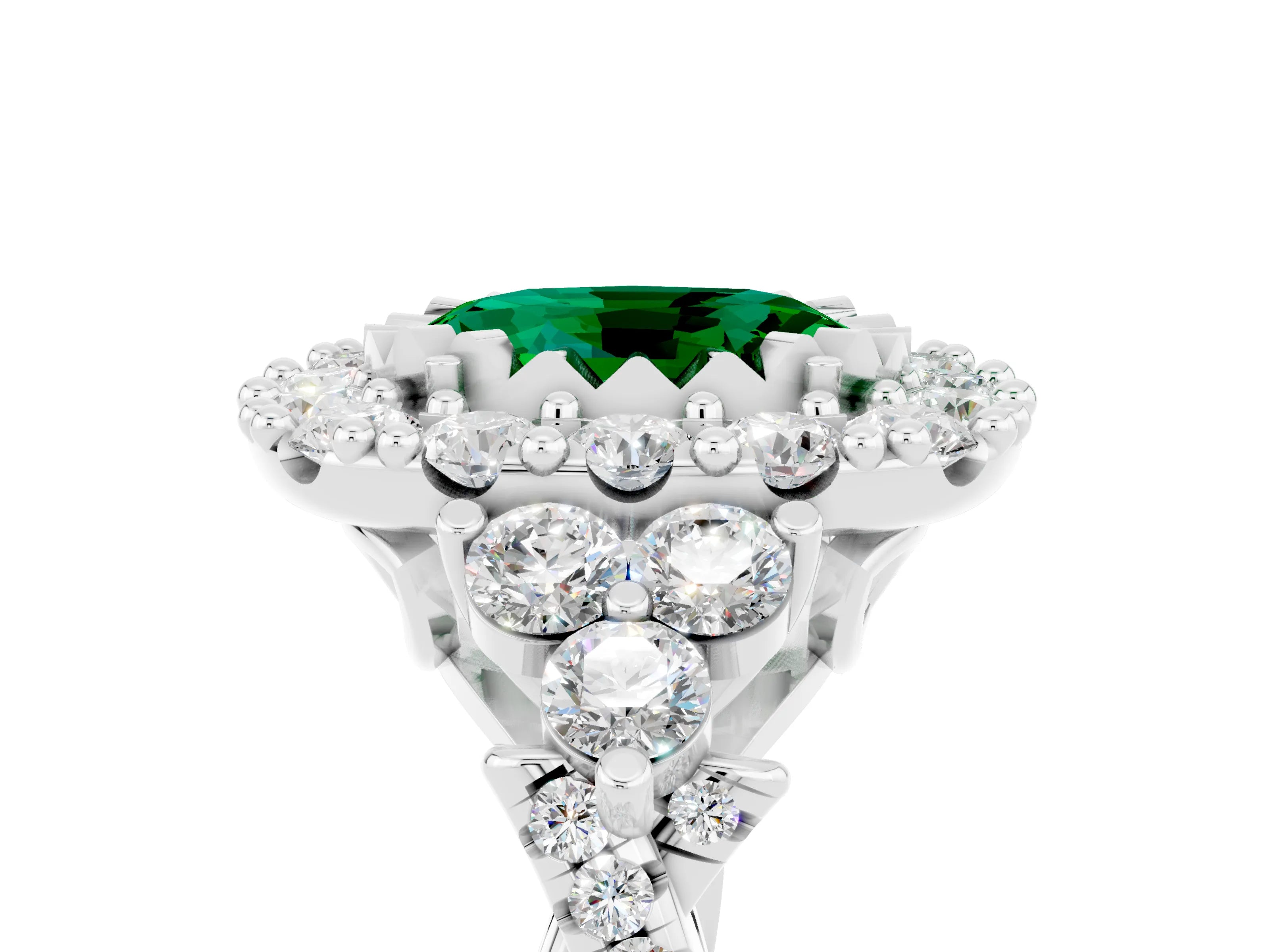 White gold Oval Cut Emerald Halo Ring with Pavé Band and Four-Prong Setting_17