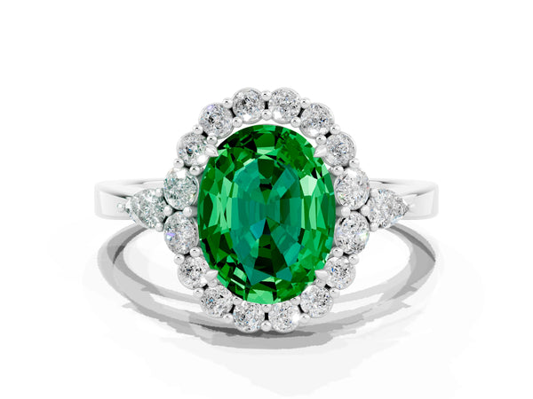 Silver Oval Cut Emerald Halo Ring with Pear Side Stones and Prong Setting