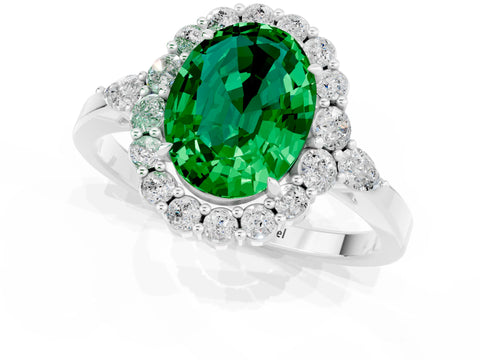White gold Oval Cut Emerald Halo Ring with Pear Side Stones and Prong Setting_25